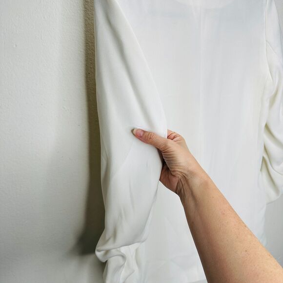 H&M Cream Linen Blend Fitted Blazer Jacket Hook & Eye Front 3/4 Ruched Sleeves 4 - Picture 5 of 12